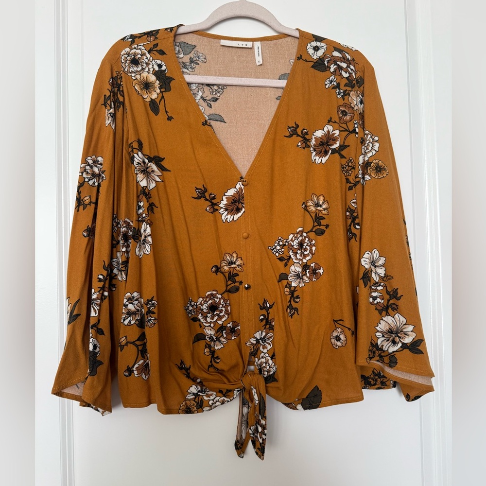 Elegant Floral Tie-Front Blouse - Mustard - Picture 2 of 4